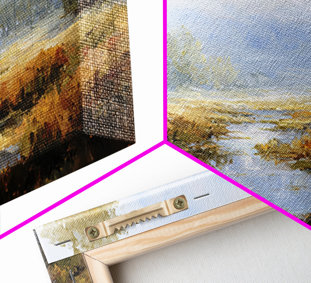Misty Riverbank with Willow Trees Framed Canvas Print, Impressionist Art, Flower Print, Living Room Decor, Fine Art, Impression, IMP-2x1-79