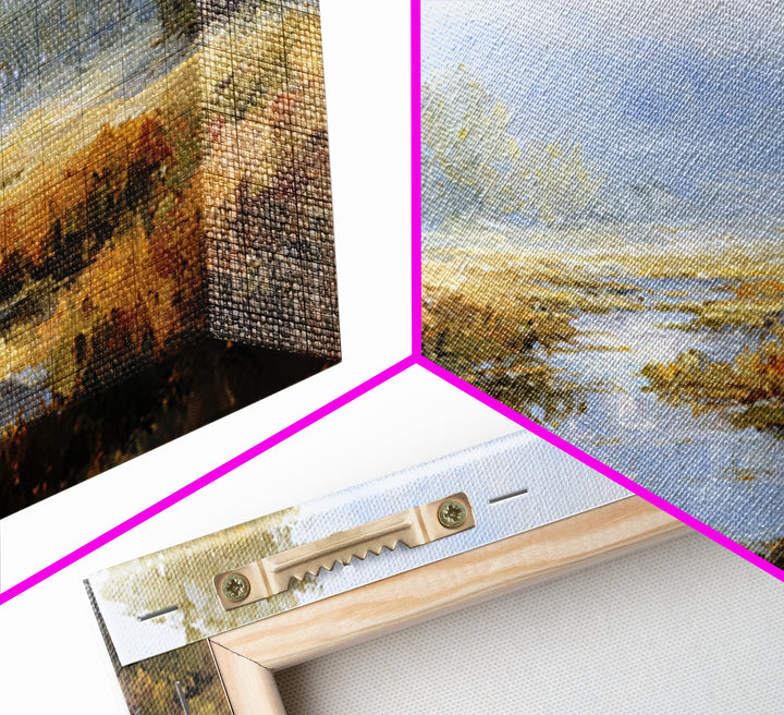 Misty Riverbank with Willow Trees Framed Canvas Print, Impressionist Art, Flower Print, Living Room Decor, Fine Art, Impression, IMP-2x1-79