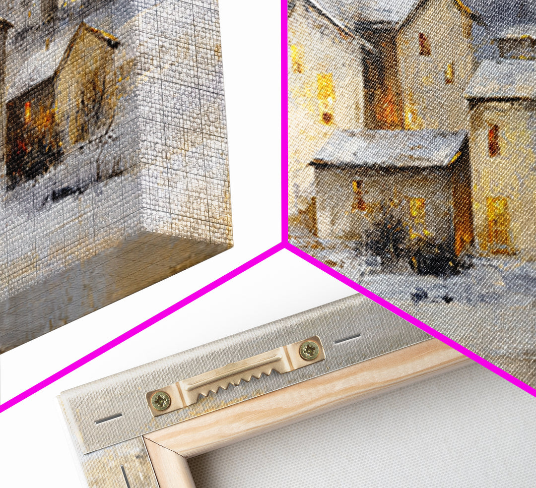 Snowy Village with Warm Glowing Windows Framed Canvas Print, Impressionist Art, Art Print, Living Room Decor, Impression, IMP-2x1-9