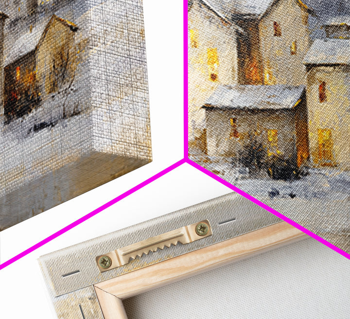Snowy Village with Warm Glowing Windows Framed Canvas Print, Impressionist Art, Art Print, Living Room Decor, Impression, IMP-2x1-9