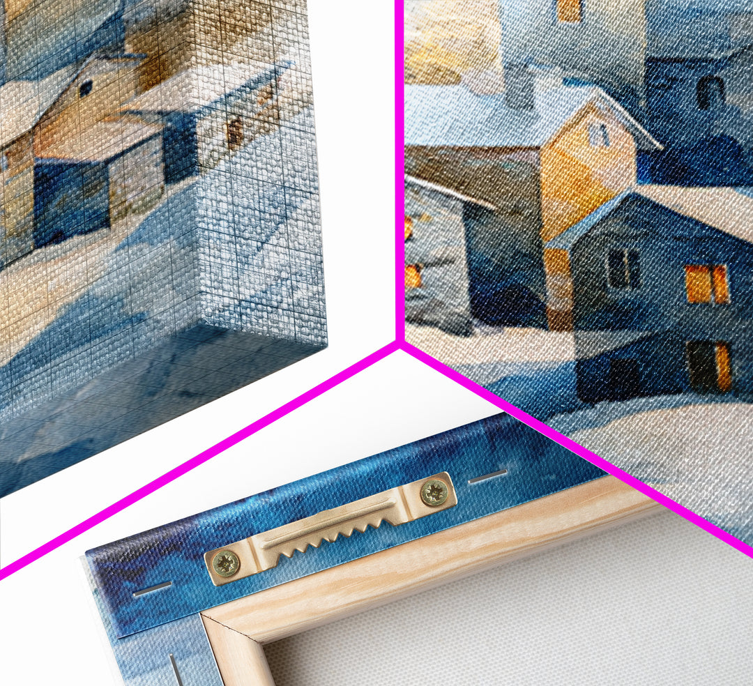 Snowy Village with Warm Glowing Windows Framed Canvas Print, Impressionist Art, Oil Painting, Living Room Decor, Impression, IMP-2x3-21