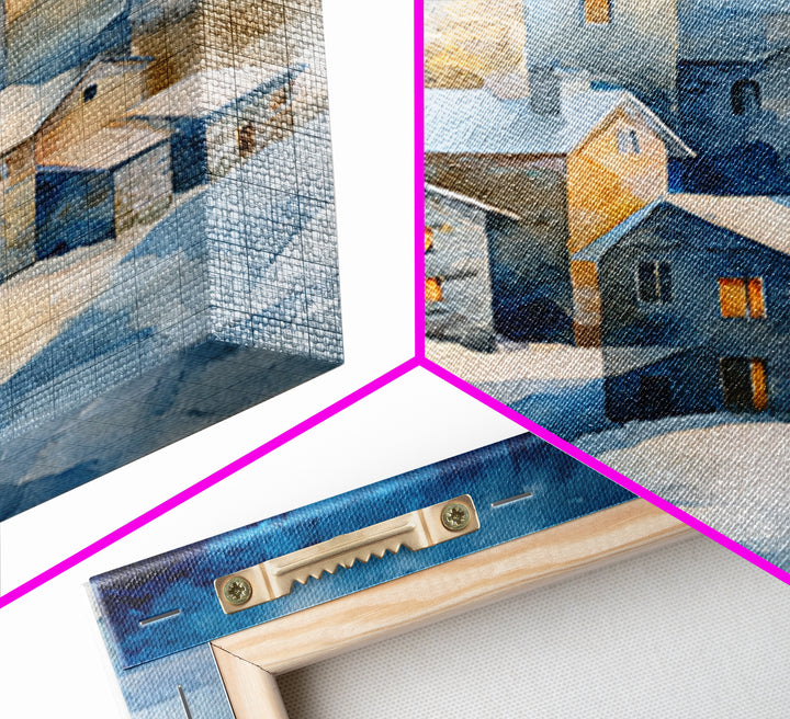Snowy Village with Warm Glowing Windows Framed Canvas Print, Impressionist Art, Oil Painting, Living Room Decor, Impression, IMP-2x3-21