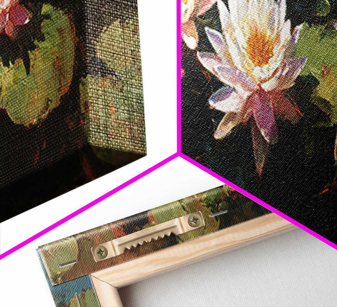 Water Lilies Floating on a Sunlit Pond Framed Canvas Print, Impressionist Art, Gallery Wall Art, Living Room Decor, Impression, IMP-3x1-17
