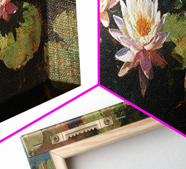 Water Lilies Floating on a Sunlit Pond Framed Canvas Print, Impressionist Art, Gallery Wall Art, Living Room Decor, Impression, IMP-3x1-17