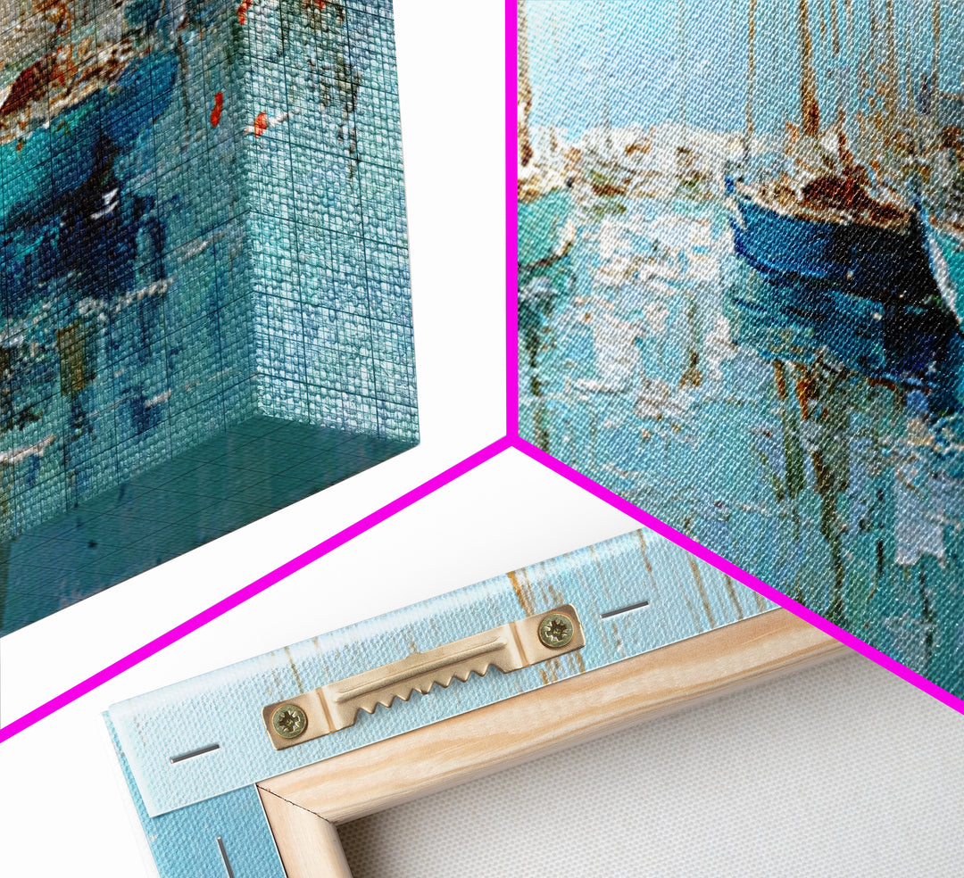 Sailboats on a Bright Sparkling Harbor Canvas Print, Impressionist Art, Landscape Art, Living Room Decor, Abstract Art, IMP-3x1-25