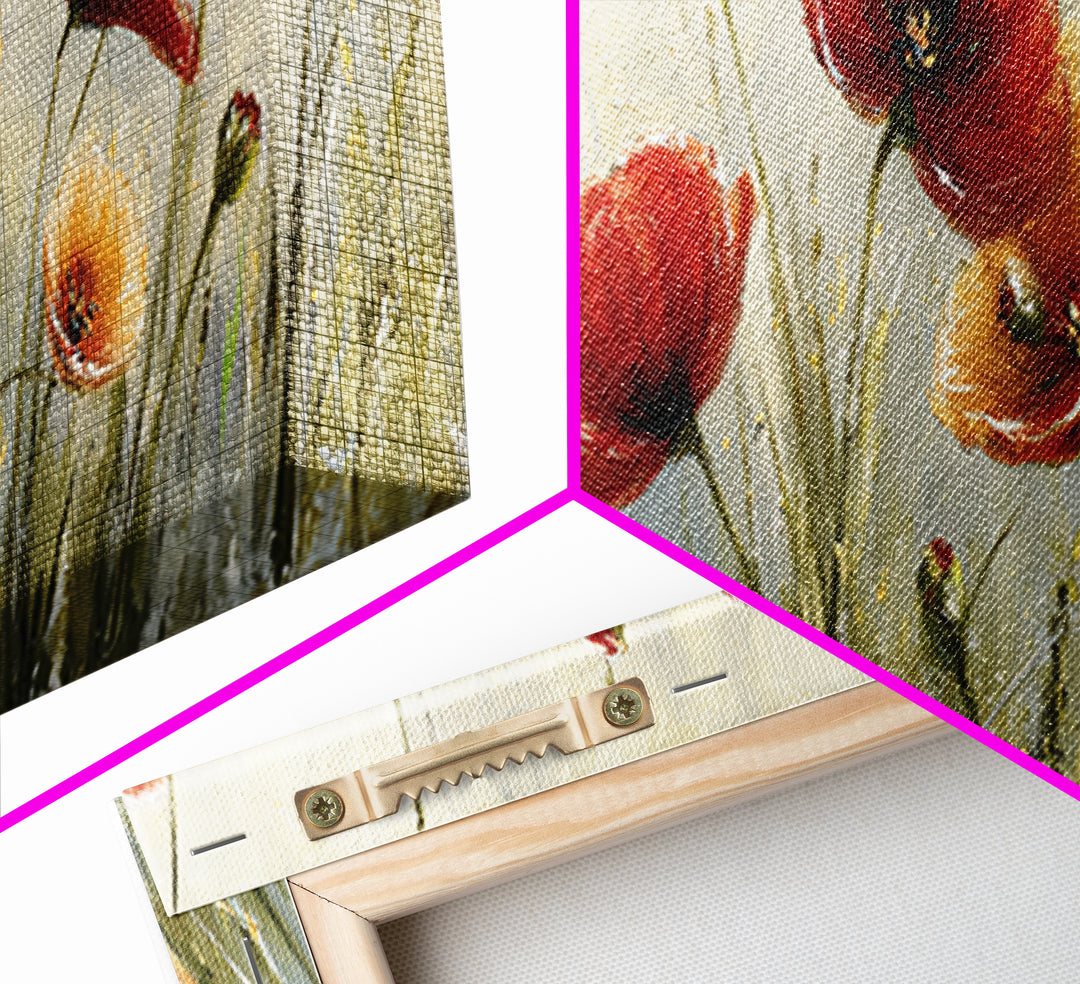 Poppies Blowing Through Green Grass Framed Canvas Print, Impressionist Art, Living Room Art, Living Room Decor, Oil Painting, IMP-3x1-28