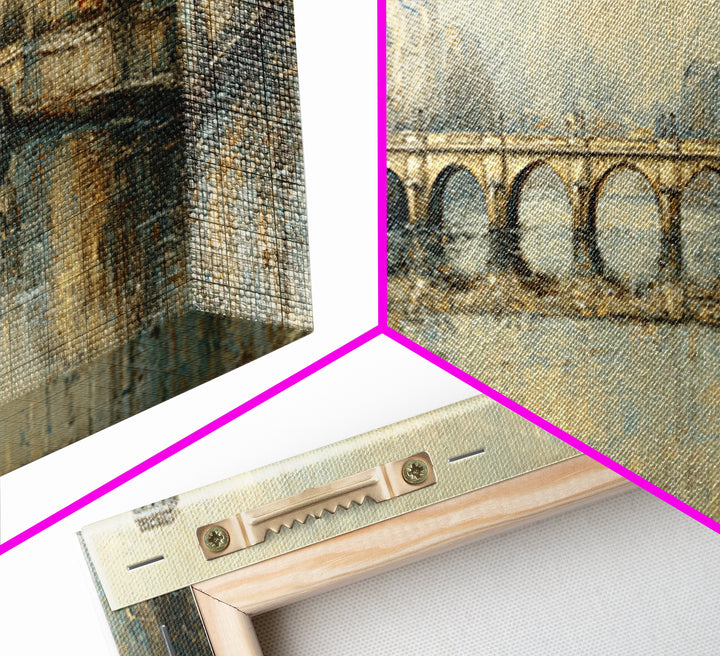 Paris Bridge Reflected Framed Canvas Print, Impressionist Art, Oil Painting, Living Room Decor, Impression, Coastal Wall Art, IMP-3x1-47