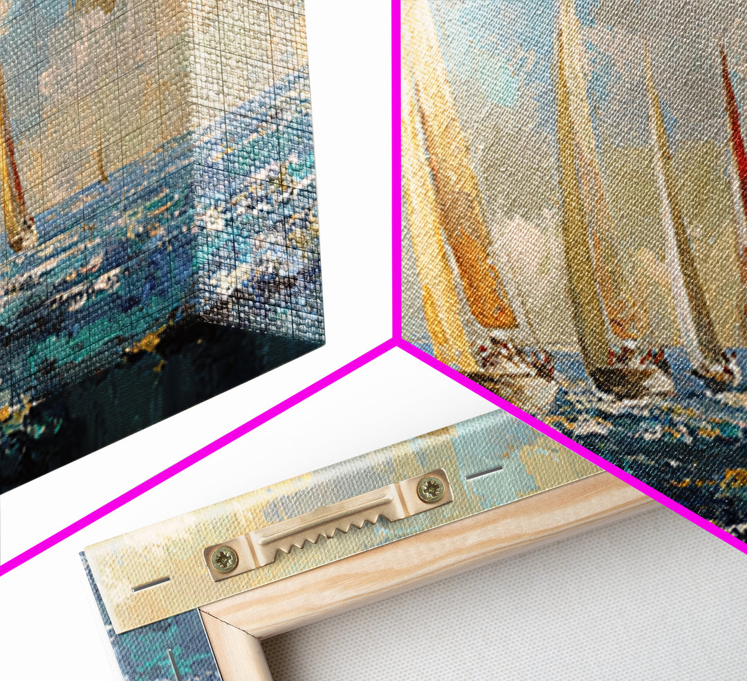 Sailboats on a Bright Sparkling Harbor Canvas Print, Impressionist Art, Landscape Art, Living Room Decor, Abstract Art, IMP-3x1-49