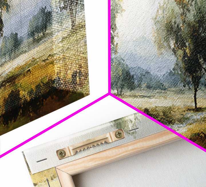 Misty Riverbank with Willow Trees Framed Canvas Print, Impressionist Art, Large Wall Art, Living Room Decor, Impression, IMP-3x1-51