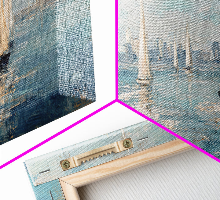 Sailboats on a Bright Sparkling Harbor Framed Canvas Print, Impressionist Art, Neutral Decor, Living Room Decor, Impression, IMP-3x1-73