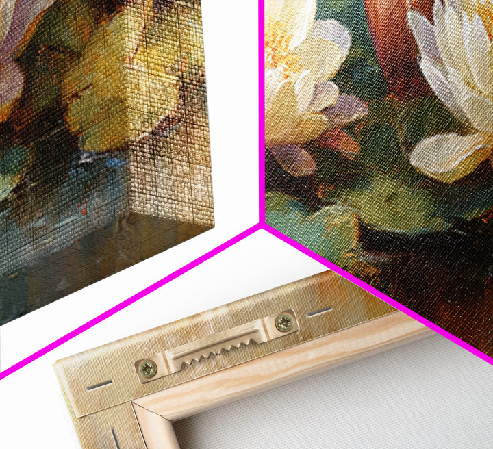 Water Lilies Floating on a Sunlit Pond Framed Canvas Print, Impressionist Art, Boho Decor, Living Room Decor, Oil Painting, IMP-3x1-89