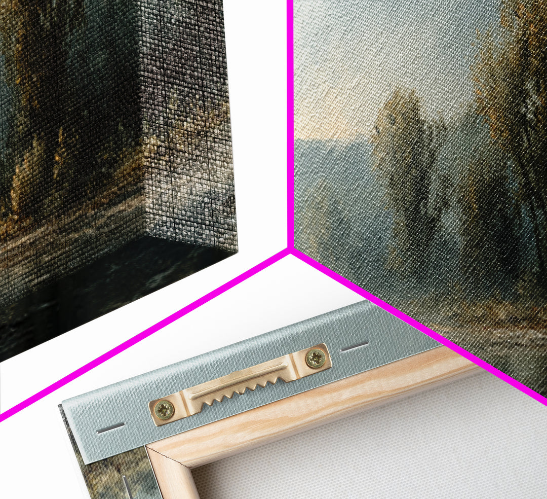 Misty Riverbank with Willow Trees Framed Canvas Print, Impressionist Art, Large Wall Art, Living Room Decor, Impression, IMP-3x1-99