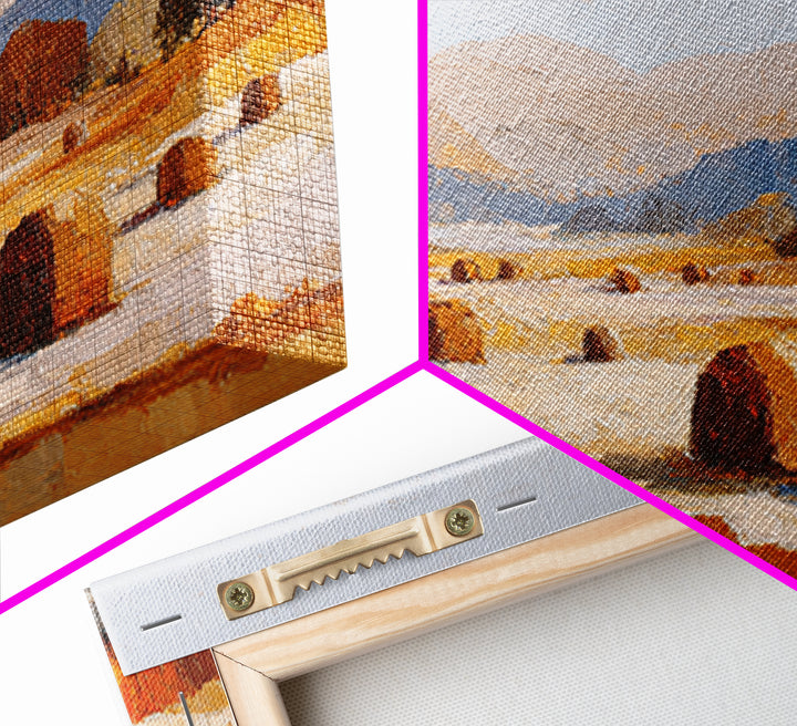 Haystacks Glowing at Golden Hour Framed Canvas Print, Impressionist Art, Floral Wall Art, Living Room Decor, Oil Painting, IMP-3x2-8