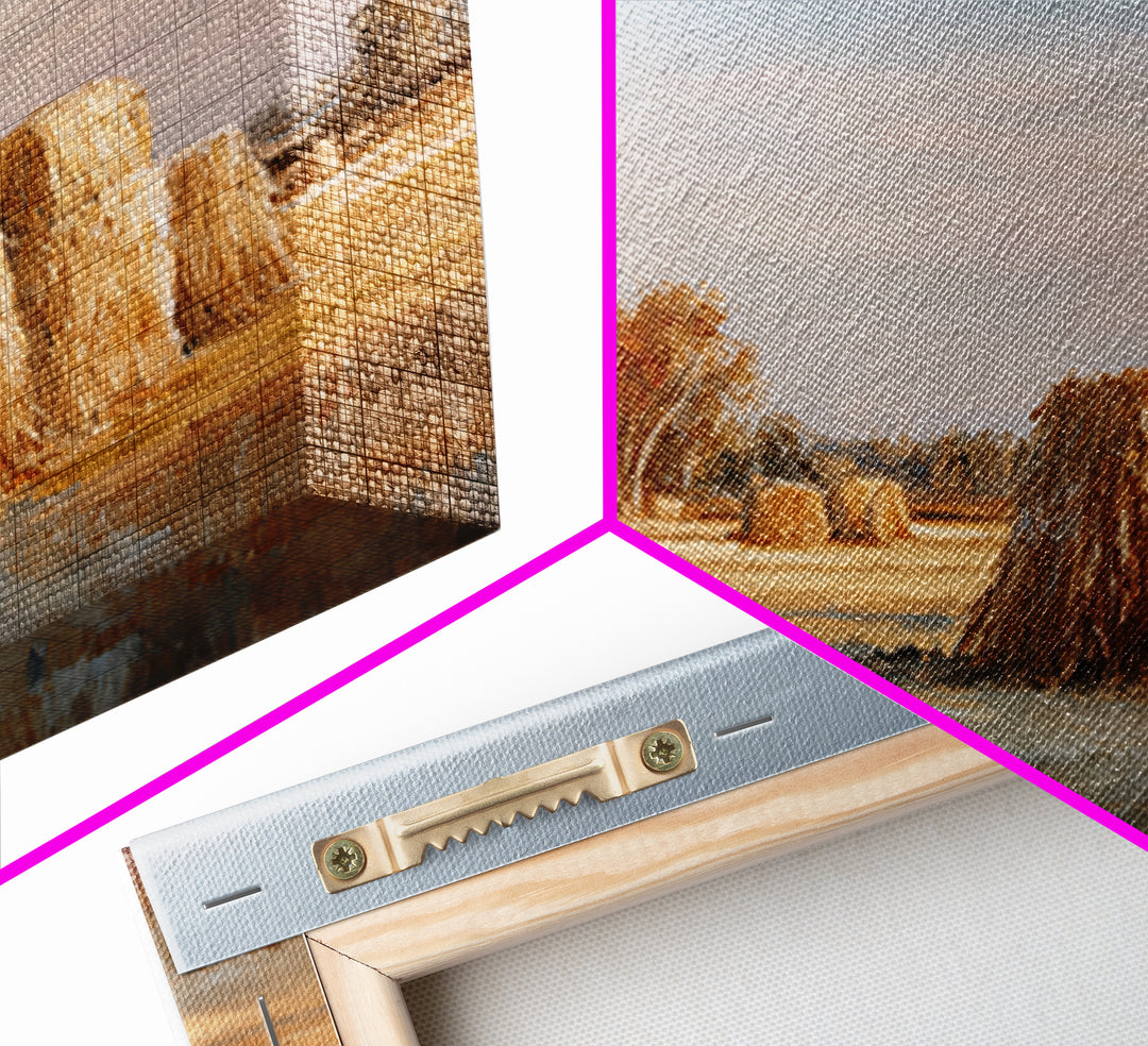Haystacks Glowing at Golden Hour Framed Canvas Print, Impressionist Art, Living Room Decor, Watercolor Art, Impression, IMP-3x2-80