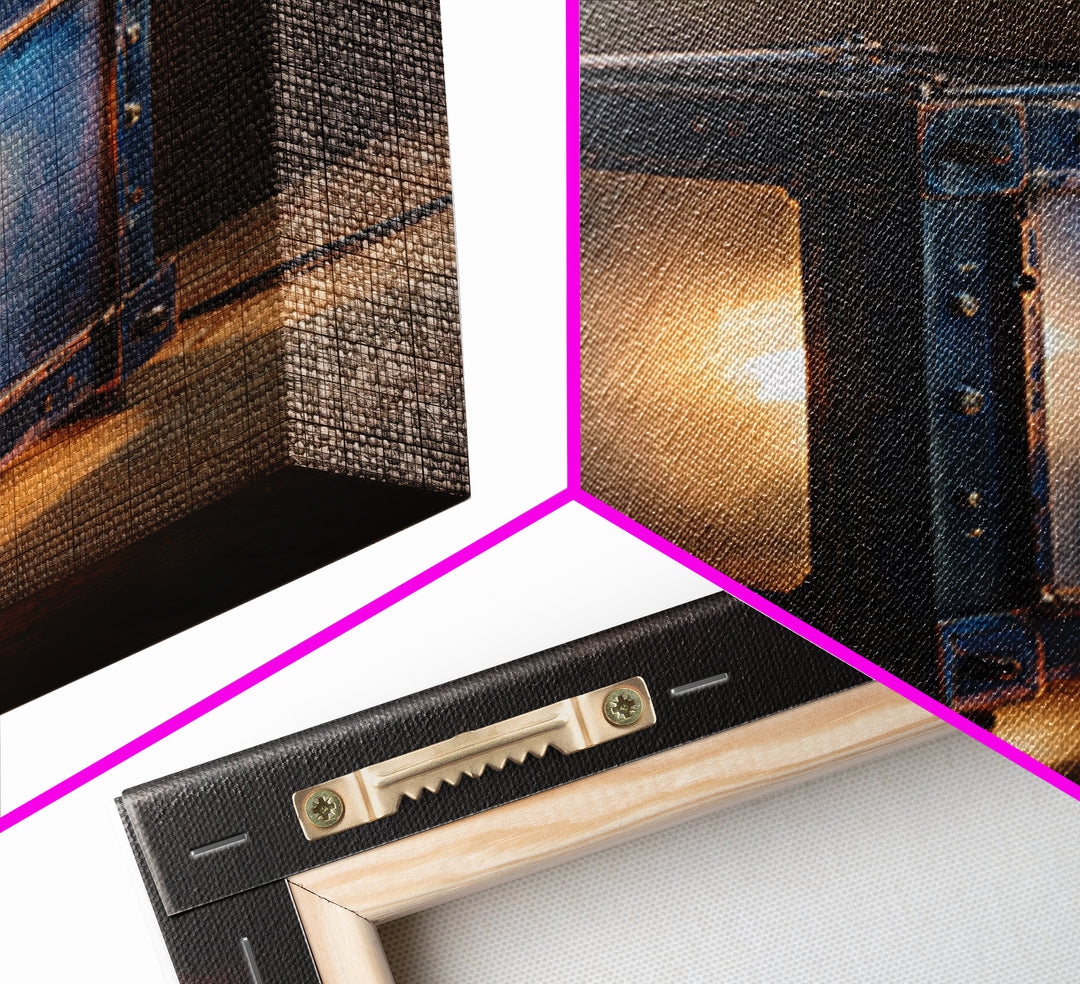 Industrial Lamp with Warm Glow Framed Canvas Print, Industrial Art, Metal Art, Living Room Decor, Foundry, Gallery Decor, IND-1x1-47