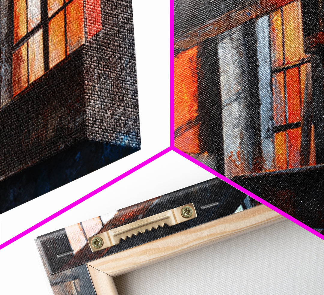 Old Factory Window Framed Canvas Print, Industrial Art, Art Prints, Living Room Decor, Fine Art, Foundry, Abstract Painting, IND-2x1-46
