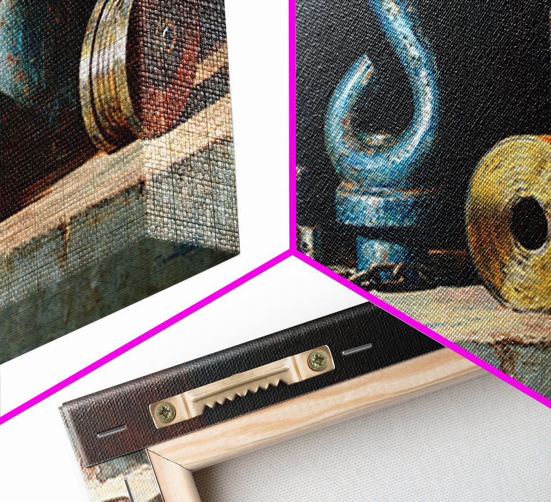 Chain and Hook Still Life Framed Canvas Print, Industrial Art, Art Print, Living Room Decor, Oil Painting, Foundry, Modern Art, IND-2x1-60
