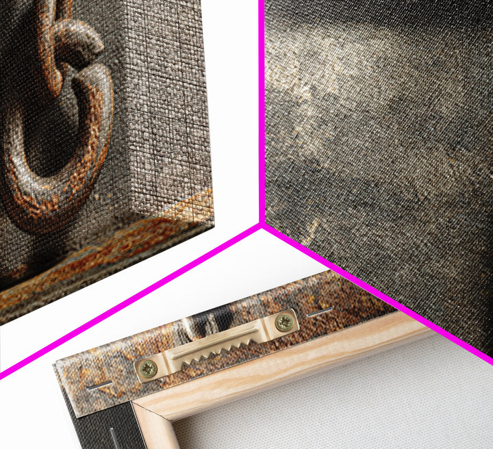 Chain and Hook Still Life Framed Canvas Print, Industrial Art, Abstract Painting, Living Room Decor, Fine Art, Foundry, IND-2x1-84