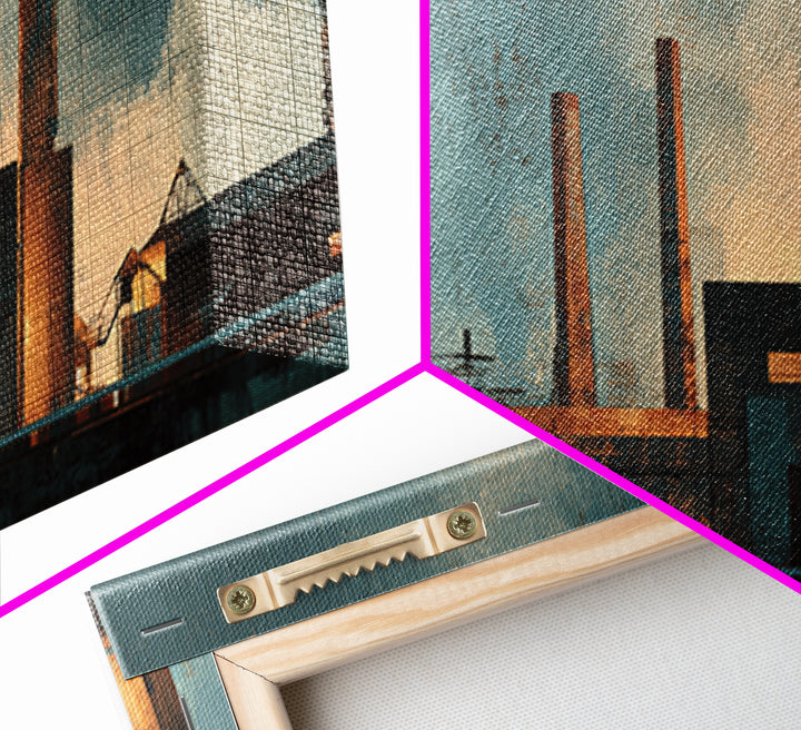 Factory Smokestacks with Moody Sky Framed Canvas Print, Industrial Art, Wall Hanging, Living Room Decor, Fine Art, Foundry, IND-3x1-51