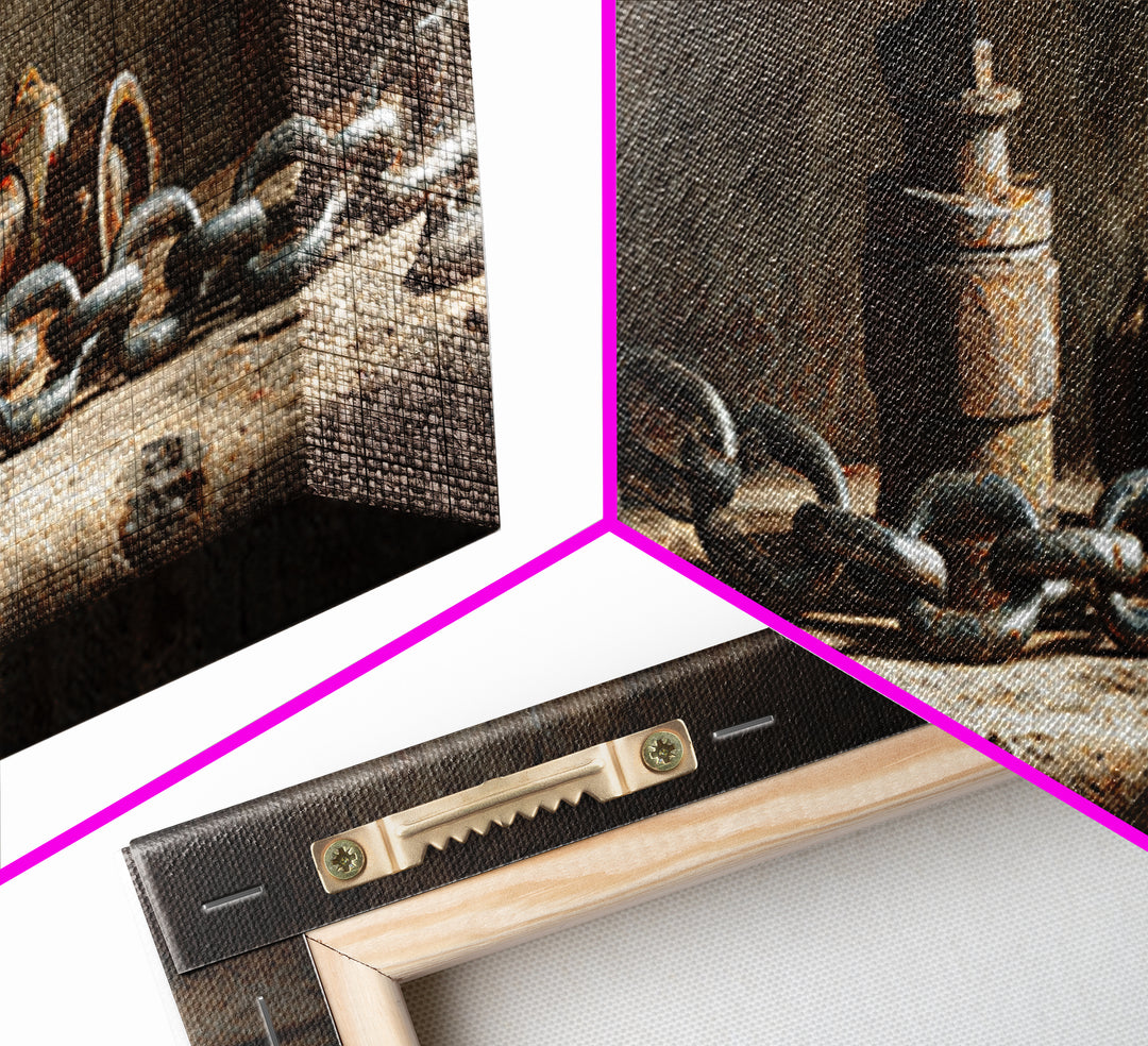 Chain and Hook Still Life Framed Canvas Print, Industrial Art, Wall Art, Living Room Decor, Fine Art, Foundry, Original Art, IND-3x1-56