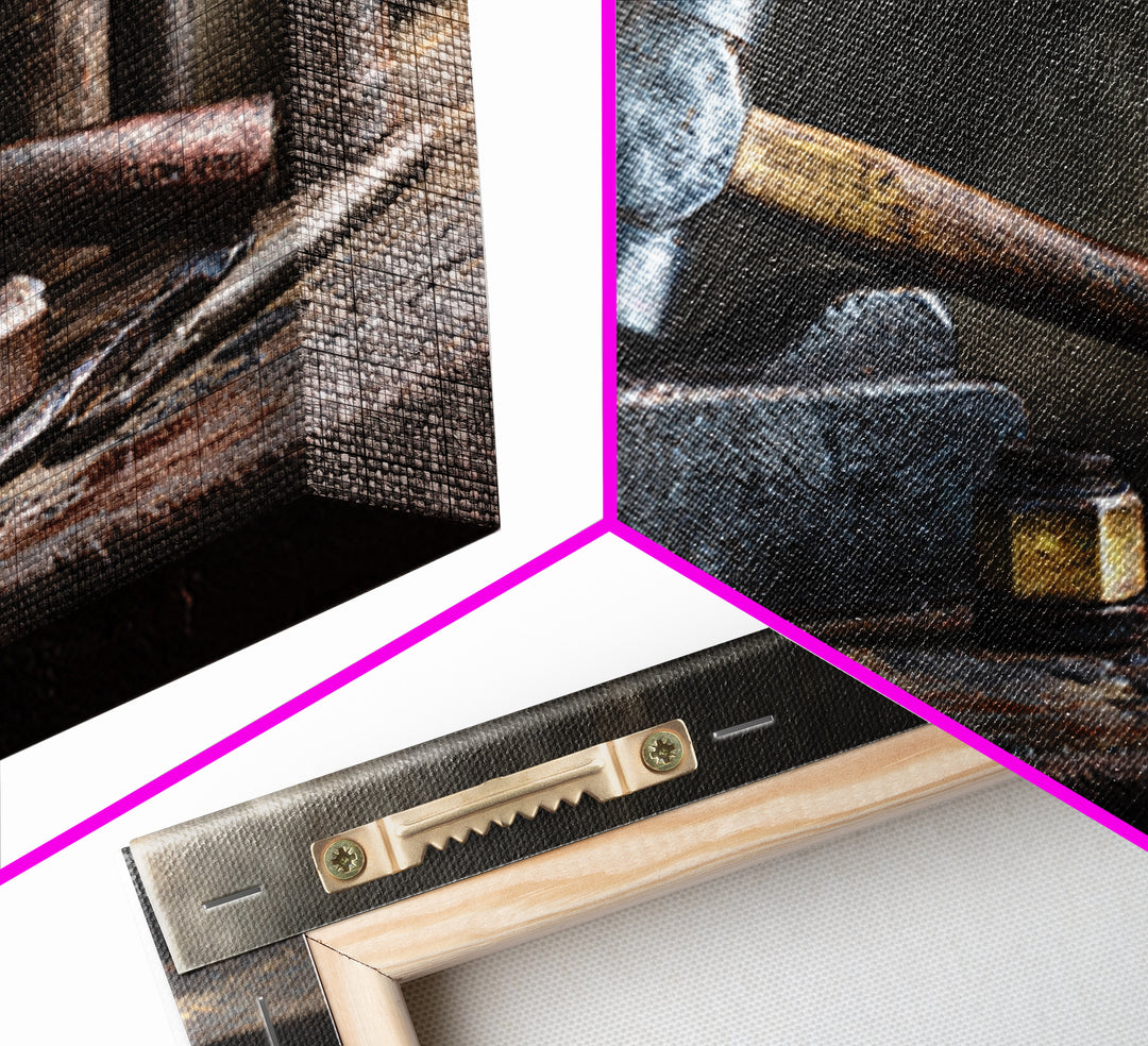 Blacksmith Tools on Dark Workbench Framed Canvas Print, Industrial Art, Metal Art, Living Room Decor, Fine Art, Foundry, IND-3x2-14