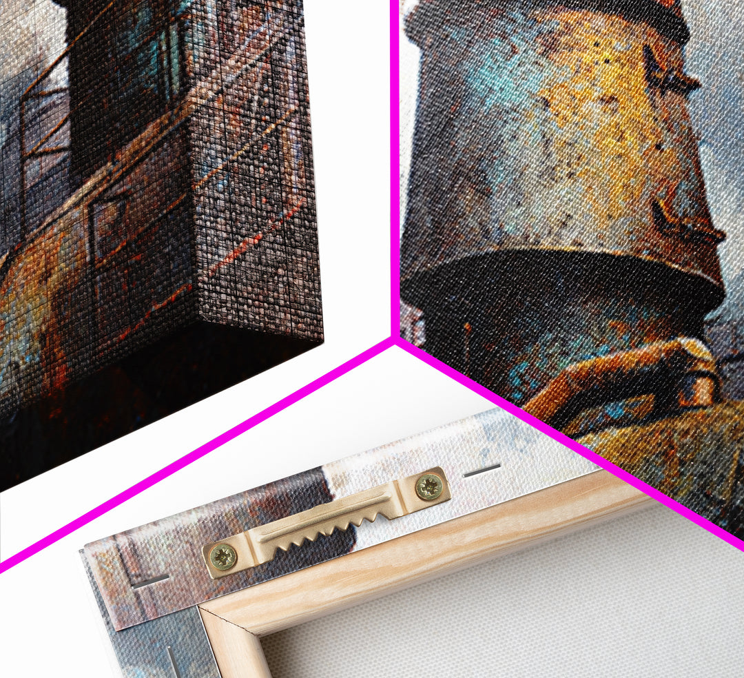Factory Smokestacks with Moody Sky Framed Canvas Print, Industrial Art, Fine Art Print, Living Room Decor, Fine Art, Foundry, IND-3x2-63