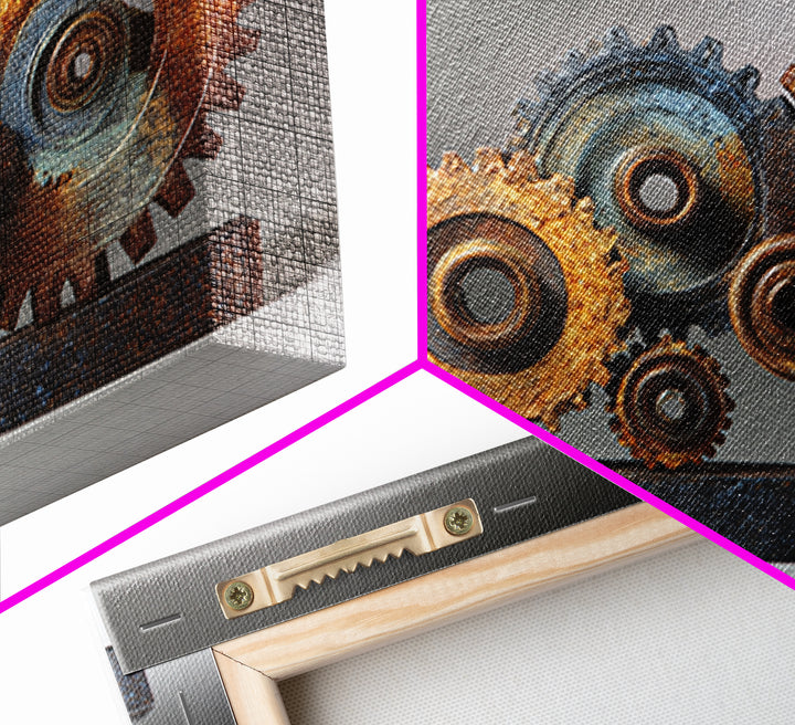 Rusted Gears Arranged as Sculptural Still Life Framed Canvas Print, Industrial Art, Wall Decor, Living Room Decor, Foundry, IND-3x2-77