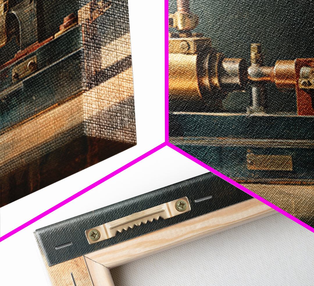 Brass Gauge and Machinery Still Life Canvas Print, Industrial Art, Home Decor, Living Room Decor, Oil Painting, Foundry, IND-3x2-89