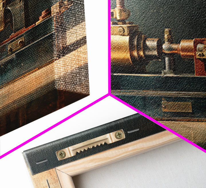 Brass Gauge and Machinery Still Life Canvas Print, Industrial Art, Home Decor, Living Room Decor, Oil Painting, Foundry, IND-3x2-89