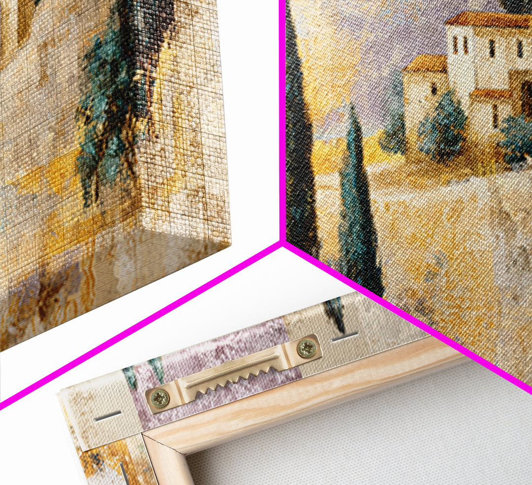 Tuscan Hillside with Cypress Trees and Golden Canvas Print, Italian Villa Art, Living Room Decor, Oil Painting, Villa, IVA-2x1-21