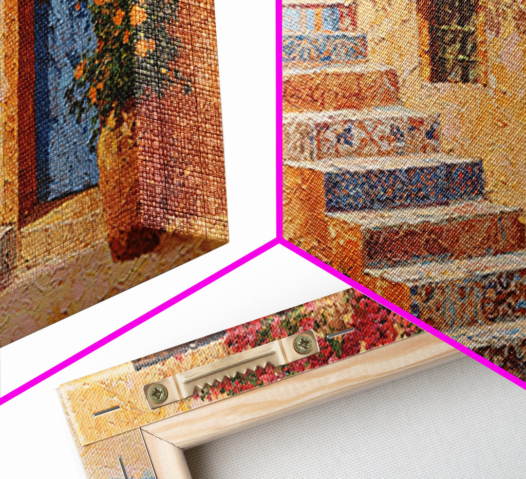 Sunlit Stone Stairway Canvas Print, Italian Villa Art, Original Painting, Living Room Decor, Villa, Landscape Painting, IVA-2x1-31