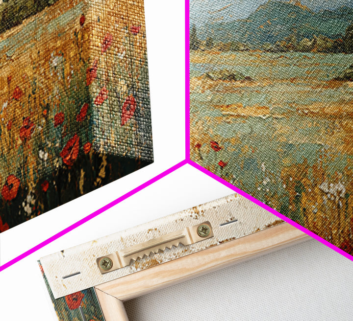 Tuscan Poppy Field Framed Canvas Print, Italian Villa Art, Landscape Painting, Living Room Decor, Watercolor Art, Villa, IVA-2x1-59