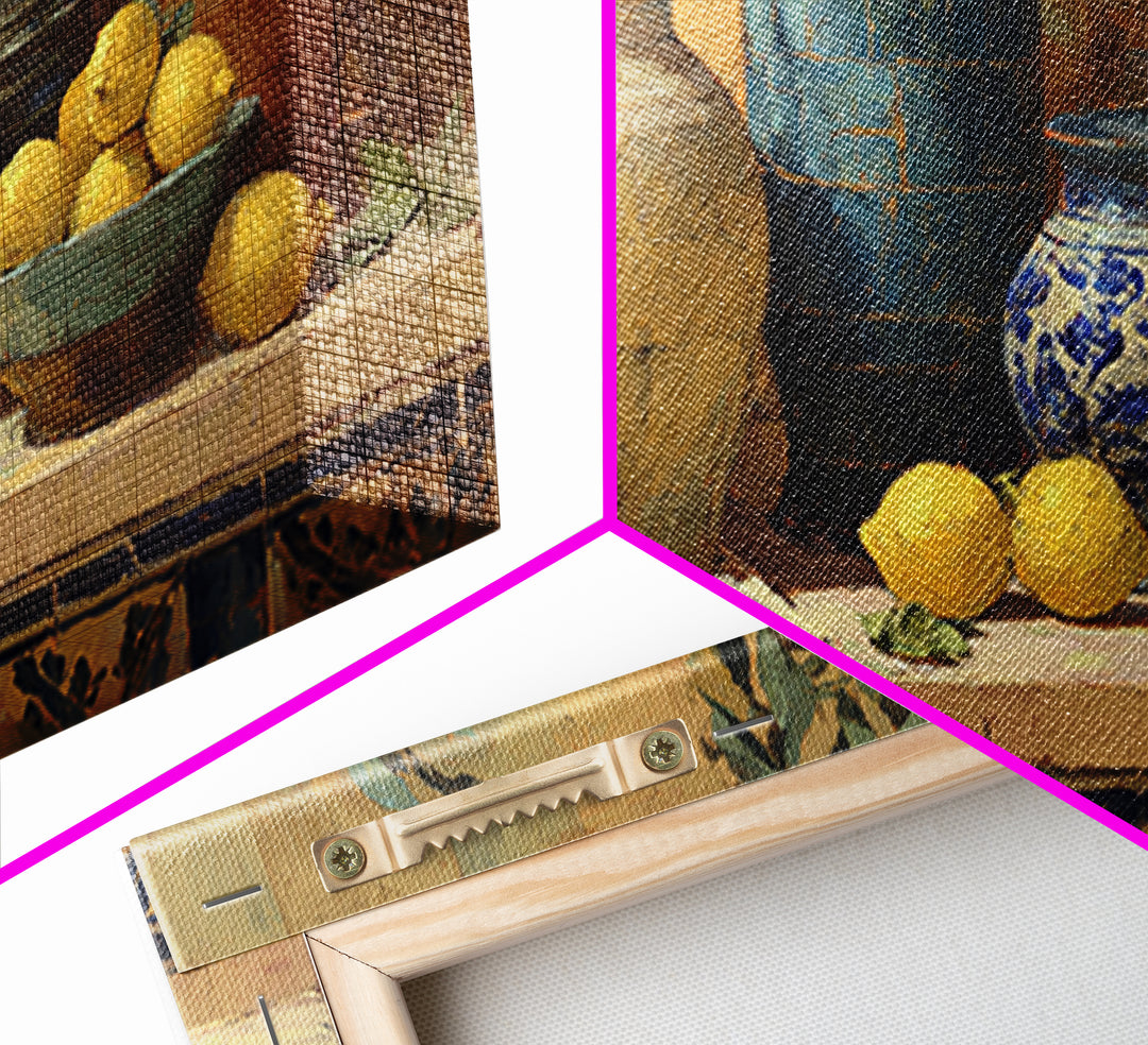 Coastal Lemons and Striped Cloth Arrangement Canvas Print, Italian Villa Art, Framed Wall Art, Living Room Decor, IVA-2x1-68