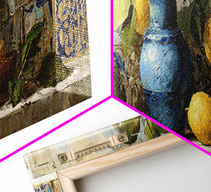 Lemon Branch in Blue Ceramic Vase Framed Canvas Print, Italian Villa Art, Living Room Decor, Watercolor Art, Villa, IVA-3x1-18