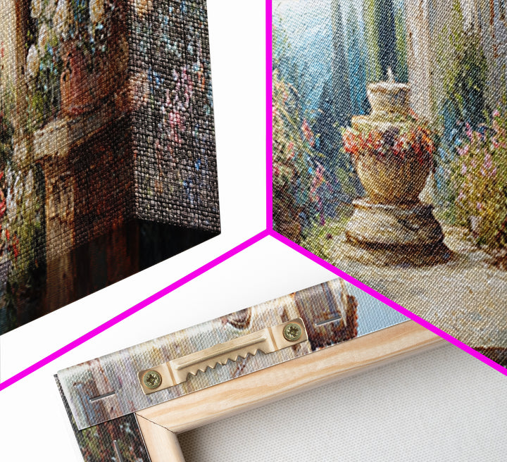 Italian Villa Garden Urn Canvas Print, Italian Villa Art, Framed Wall Art, Living Room Decor, Villa, Colorful Wall Art, IVA-3x1-46