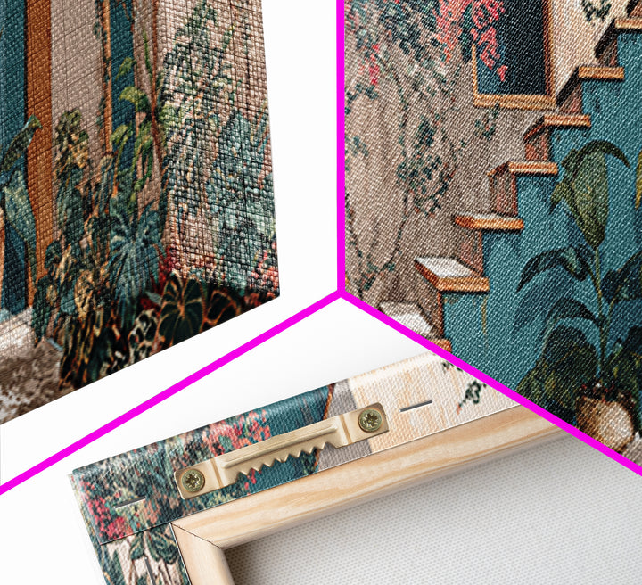 Sunlit Stone Stairway Framed Canvas Print, Italian Villa Art, Textured Painting, Living Room Decor, Villa, Bedroom Wall Art, IVA-3x1-51