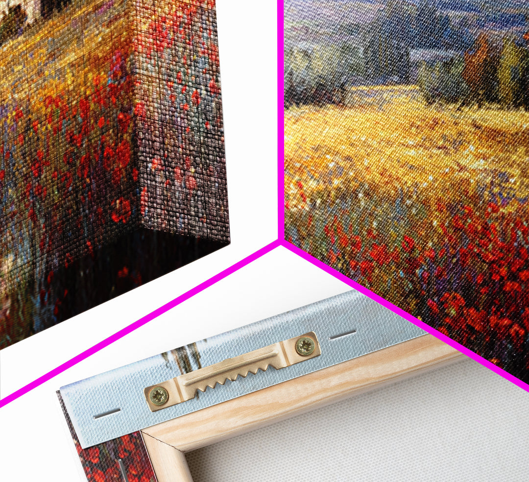 Tuscan Poppy Field Framed Canvas Print, Italian Villa Art, Boho Decor, Living Room Decor, Fine Art, Villa, Digital Wall Art, IVA-3x1-55