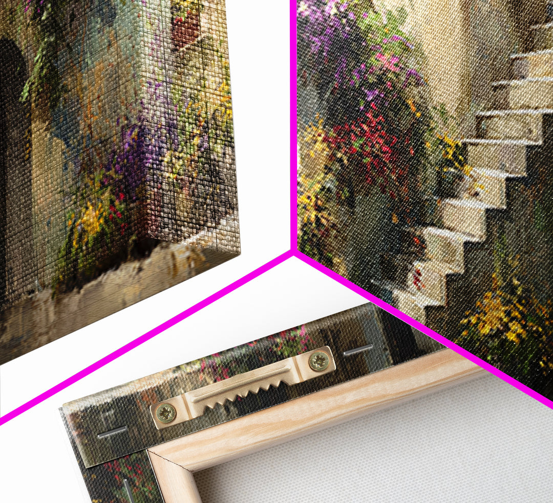 Sunlit Stone Stairway Framed Canvas Print, Italian Villa Art, Gallery Wall Set, Living Room Decor, Villa, Modern Decor, IVA-3x1-99