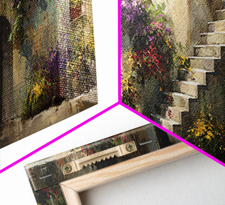 Sunlit Stone Stairway Framed Canvas Print, Italian Villa Art, Gallery Wall Set, Living Room Decor, Villa, Modern Decor, IVA-3x1-99