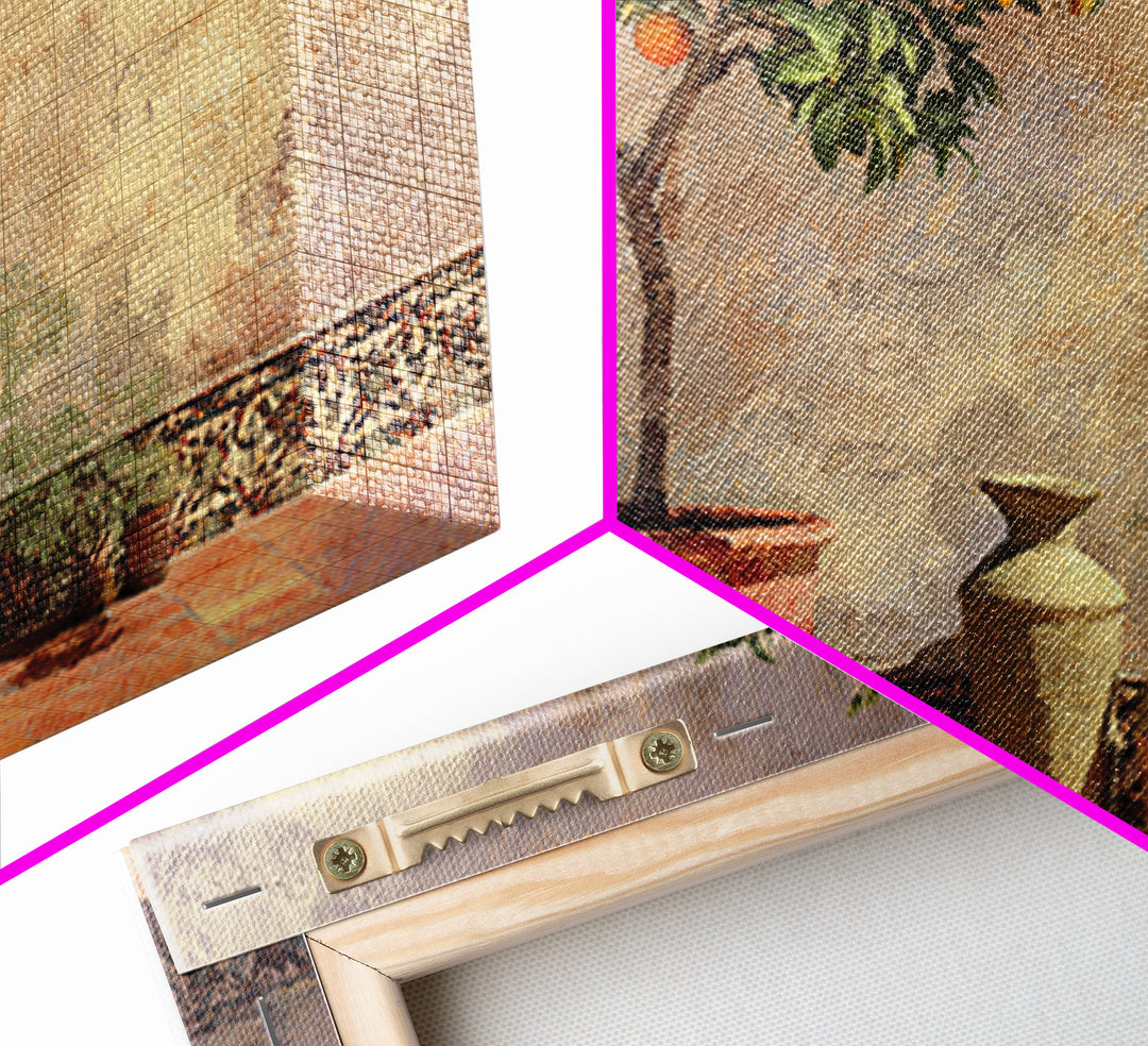 Orange Tree in a Courtyard Planter Framed Canvas Print, Italian Villa Art, Textured Painting, Living Room Decor, Villa, IVA-3x2-18