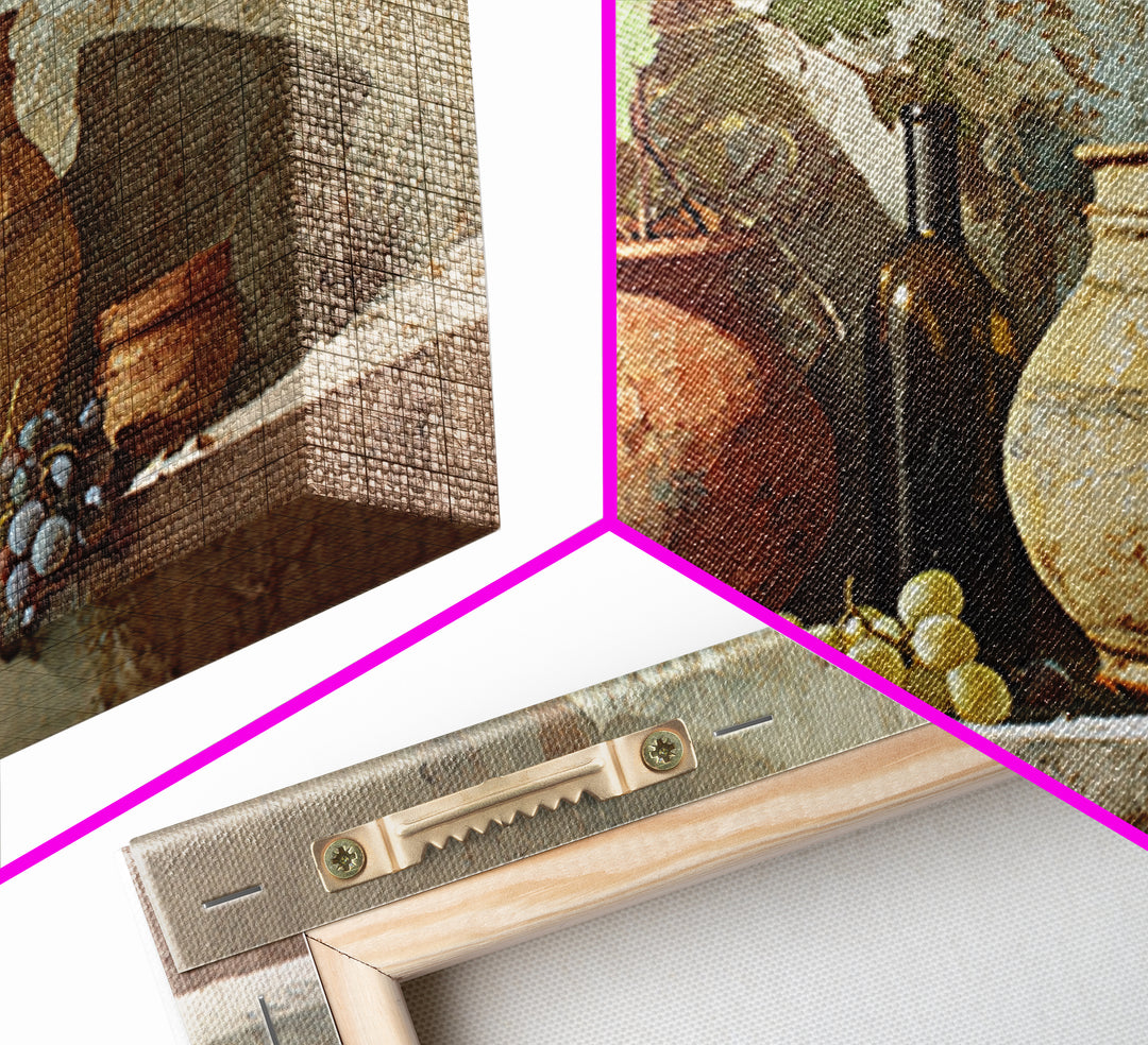 Grapevine and Wine Still Life on Linen Framed Canvas Print, Italian Villa Art, Digital Wall Art, Living Room Decor, IVA-3x2-35