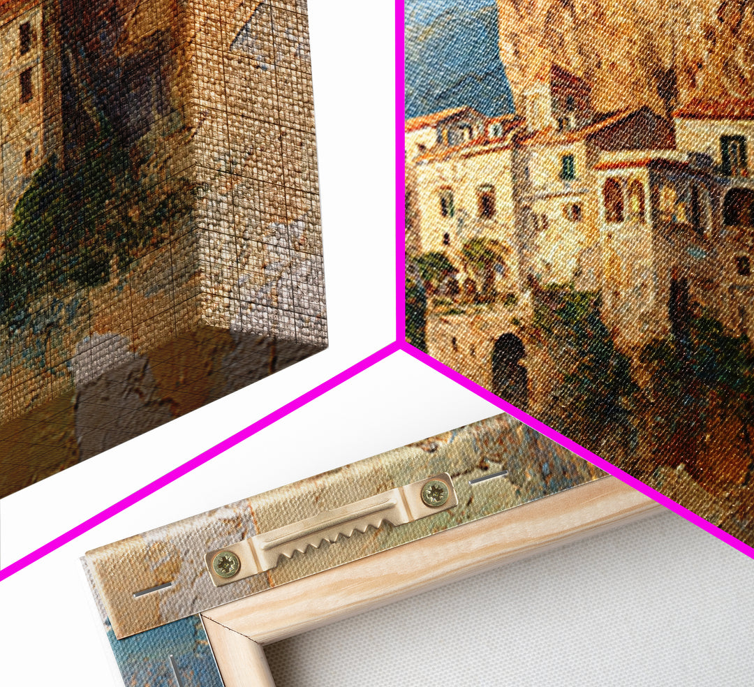 Amalfi Coast Cliffs Framed Canvas Print, Italian Villa Art, Printable Art, Living Room Decor, Watercolor Art, Villa, IVA-3x2-41