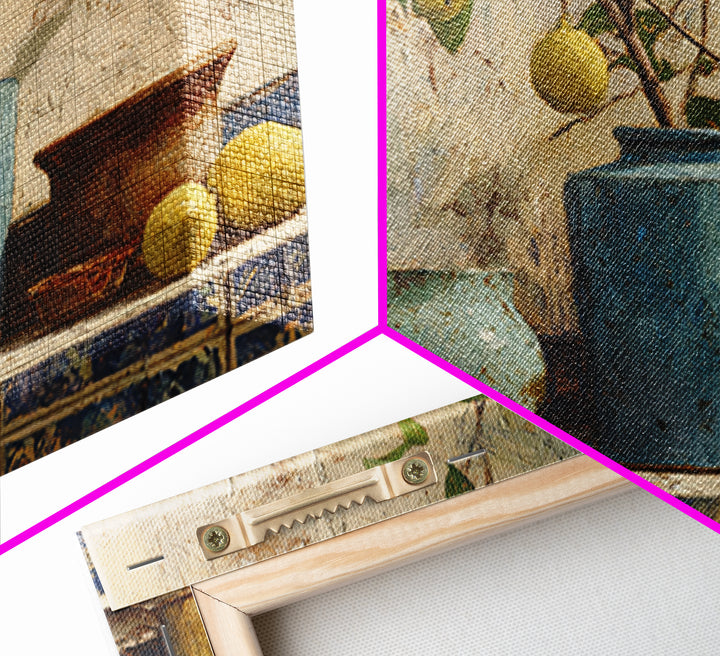 Lemon Branch in Blue Ceramic Vase Canvas Print, Italian Villa Art, Large Wall Art, Living Room Decor, Oil Painting, Villa, IVA-3x2-54