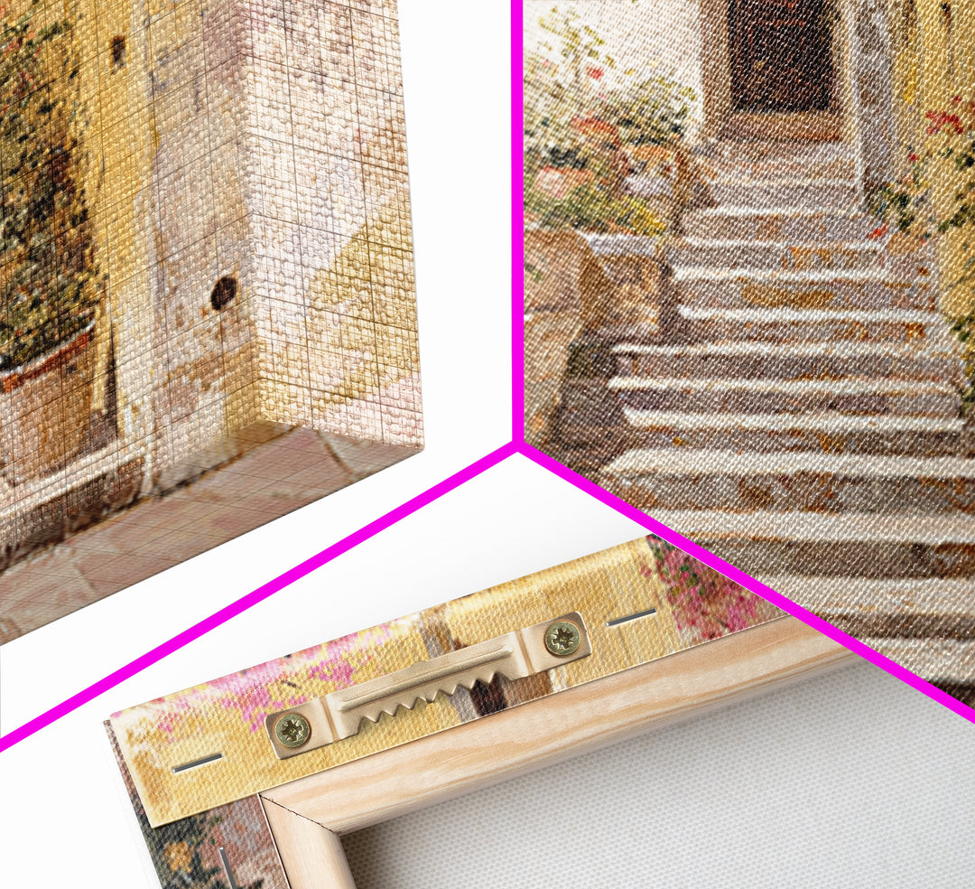 Sunlit Stone Stairway Framed Canvas Print, Italian Villa Art, Bedroom Wall Art, Living Room Decor, Villa, Travel Poster, IVA-3x2-87