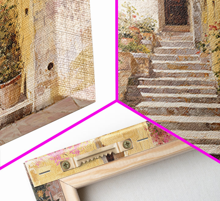 Sunlit Stone Stairway Framed Canvas Print, Italian Villa Art, Bedroom Wall Art, Living Room Decor, Villa, Travel Poster, IVA-3x2-87