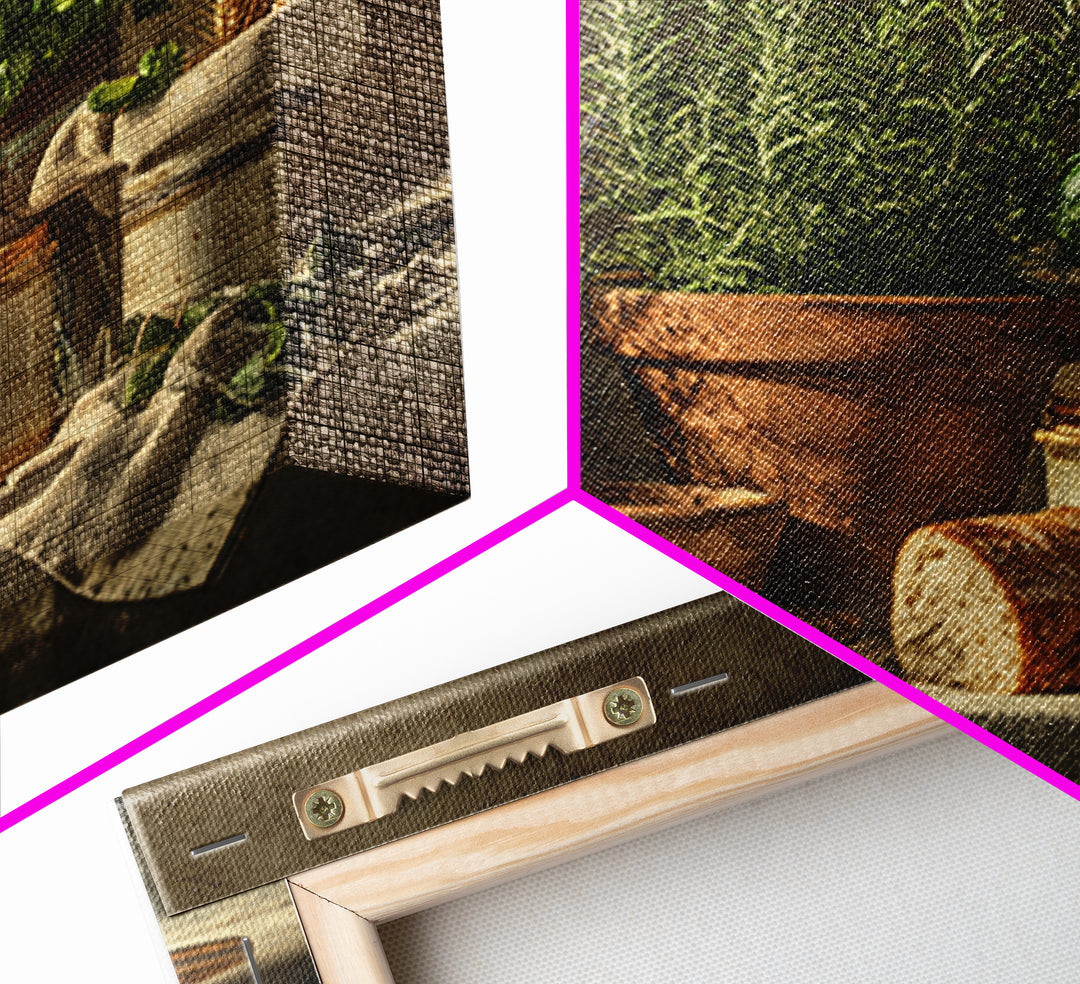 Fresh Herbs in Terracotta Pots Framed Canvas Print, Kitchen Art, Coffee Wall Art, Kitchen Decor, Fine Art, Kitchen, Room Decor, KIT-1x1-1