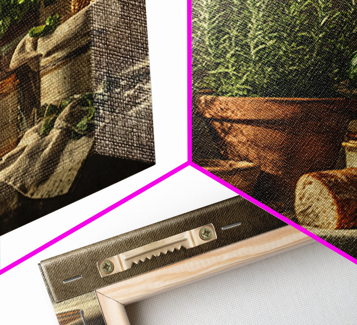 Fresh Herbs in Terracotta Pots Framed Canvas Print, Kitchen Art, Coffee Wall Art, Kitchen Decor, Fine Art, Kitchen, Room Decor, KIT-1x1-1