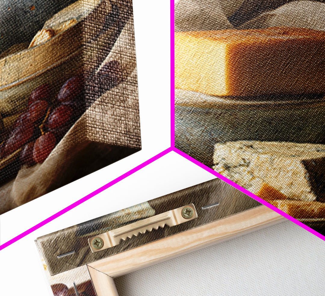 Wine Bottle Grapes and Cheese Still Life Framed Canvas Print, Kitchen Art, Kitchen, Kitchen Decor, Fine Art, Kitchen, KIT-1x1-12