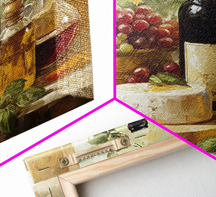 Wine Bottle Grapes and Cheese Still Life Canvas Print, Kitchen Art, Printable Wall Art, Kitchen Decor, Watercolor Art, Kitchen, KIT-1x1-36