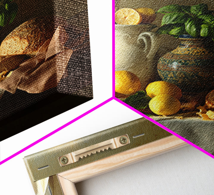 Pasta Lemons and Basil Mediterranean Still Life Framed Canvas Print, Kitchen Art, Gallery Decor, Kitchen Decor, Kitchen, KIT-1x1-41